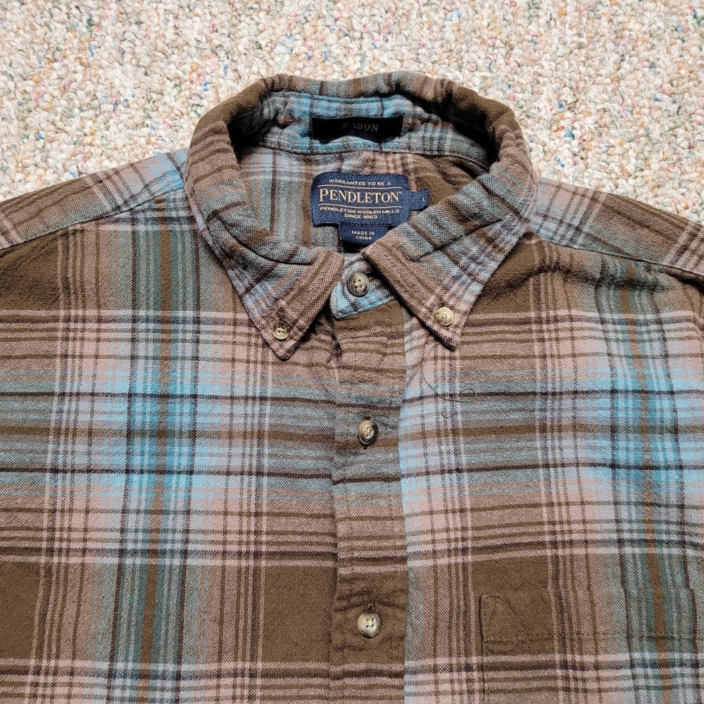 Pendleton Shirt Men Large Brown Blue Plaid Button Down Long Sleeve Hiking Mason - Picture 2 of 15
